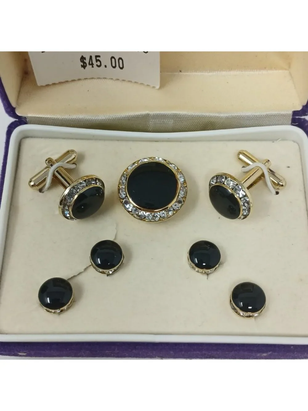VTG Lord West Mens GoldTone Cufflinks & Studs Set Black Stone Crystal W/ Box #J4